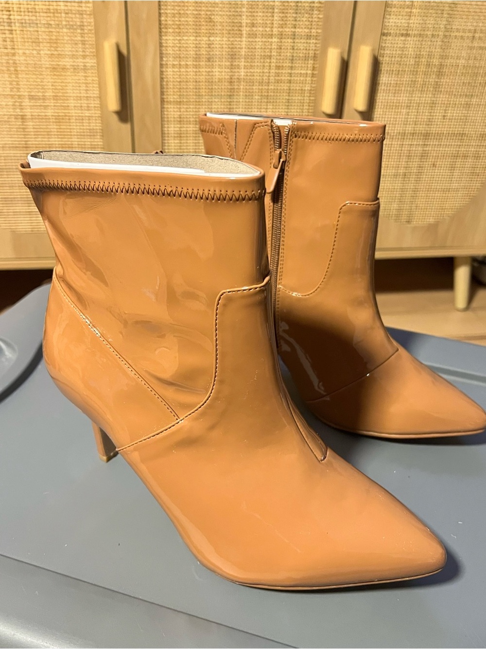 Torrid Patent Leather Pointed-Toe Ankle Boots in Tan